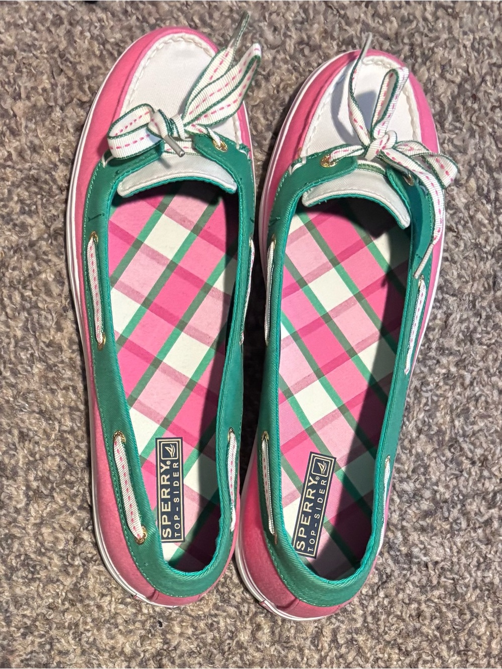 Sperry Pink, Green & White Plaid-Trim Women’s Boat Flats